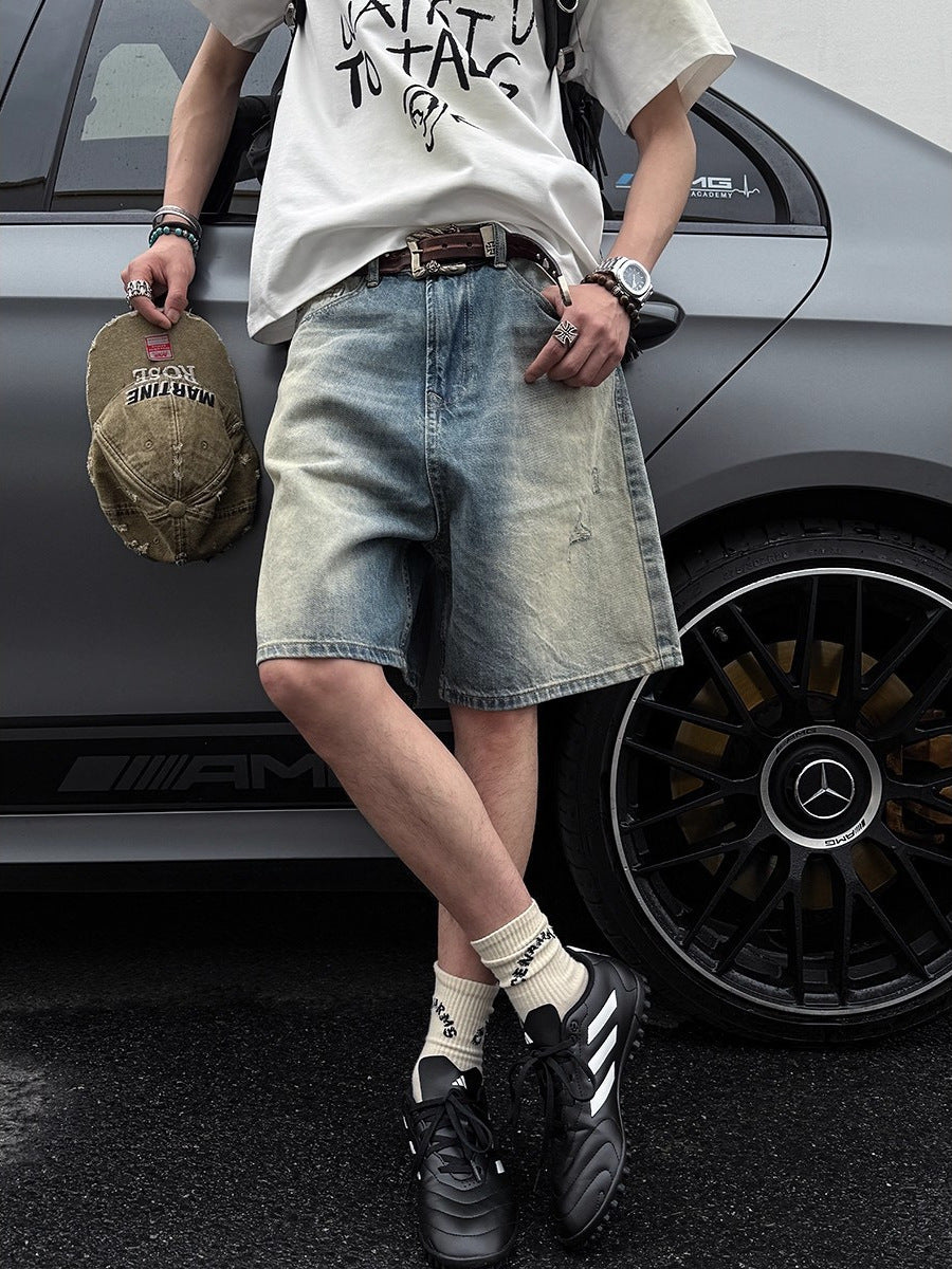 Men's Retro Washed Distressed Denim Loose Fit Shorts