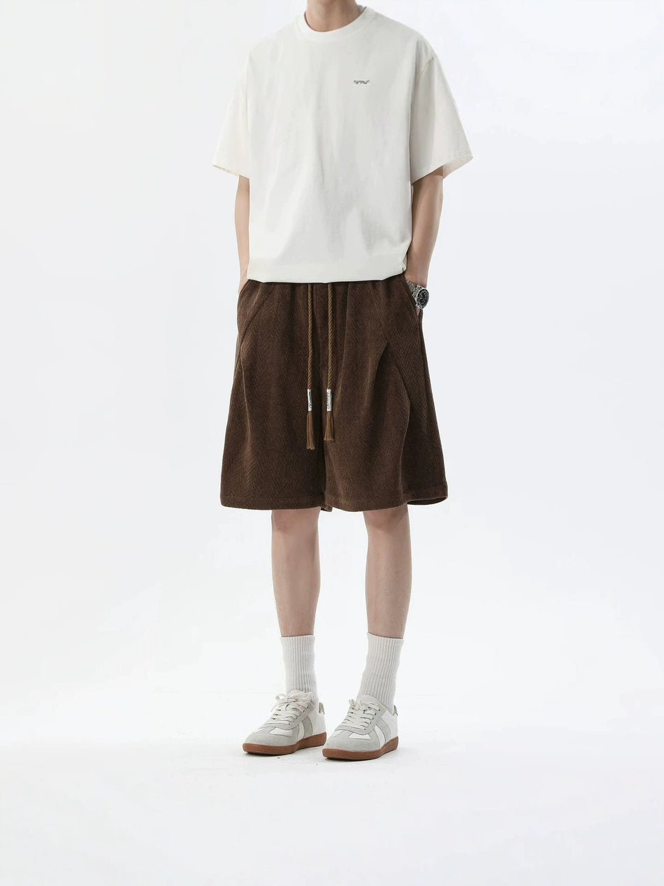 Men's Coffee Herringbone Loose Fit Knee-Length Casual Shorts