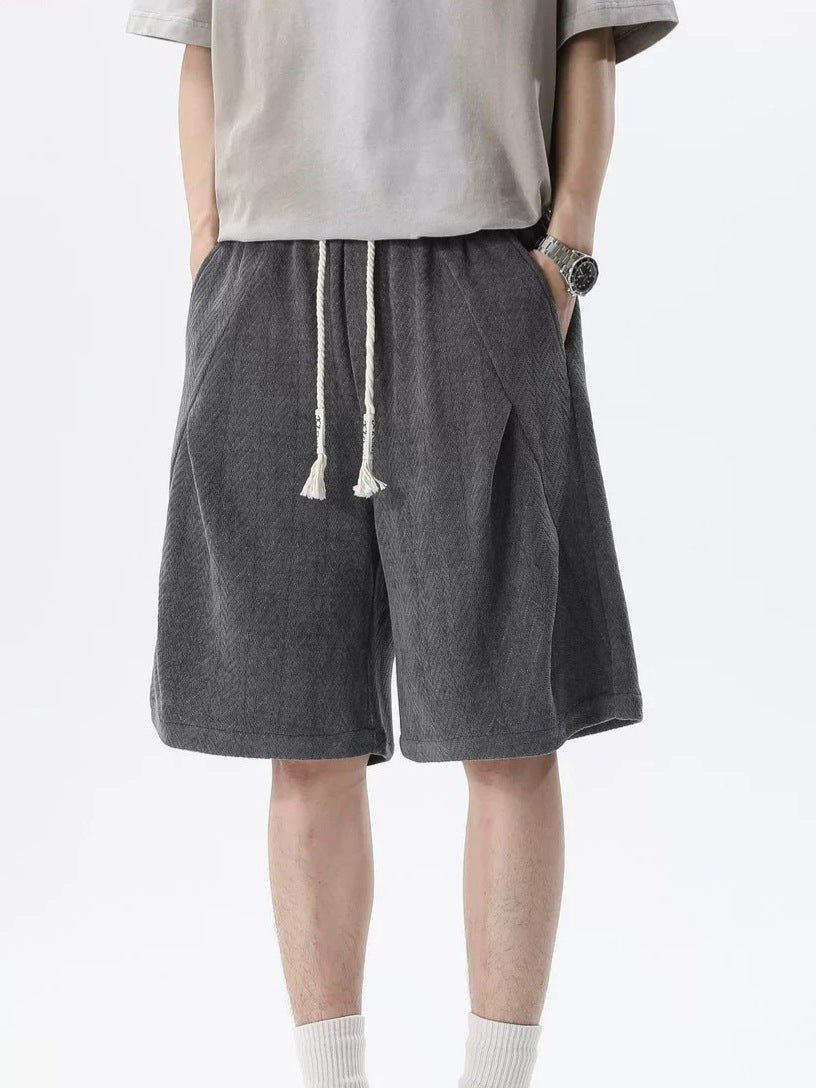 Men's Coffee Herringbone Loose Fit Knee-Length Casual Shorts