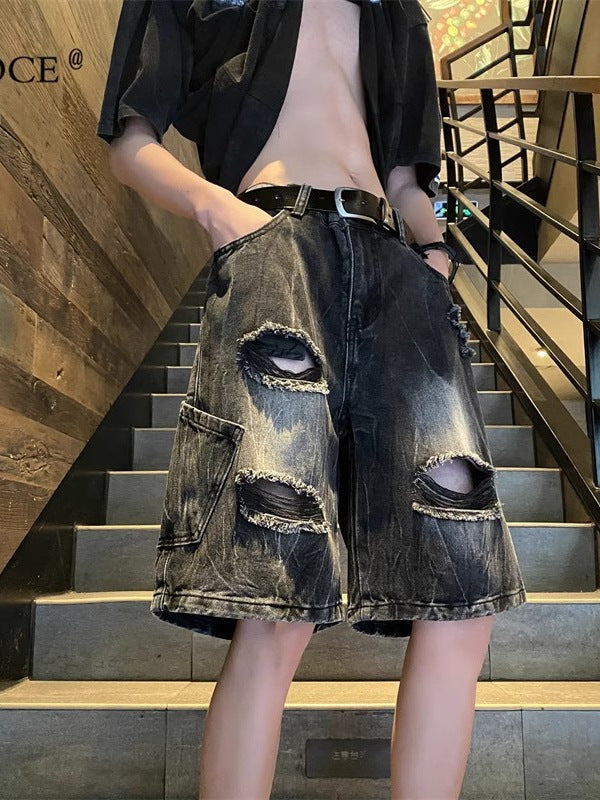 Men's Black Ripped Denim Five-Point Shorts Vintage Fit