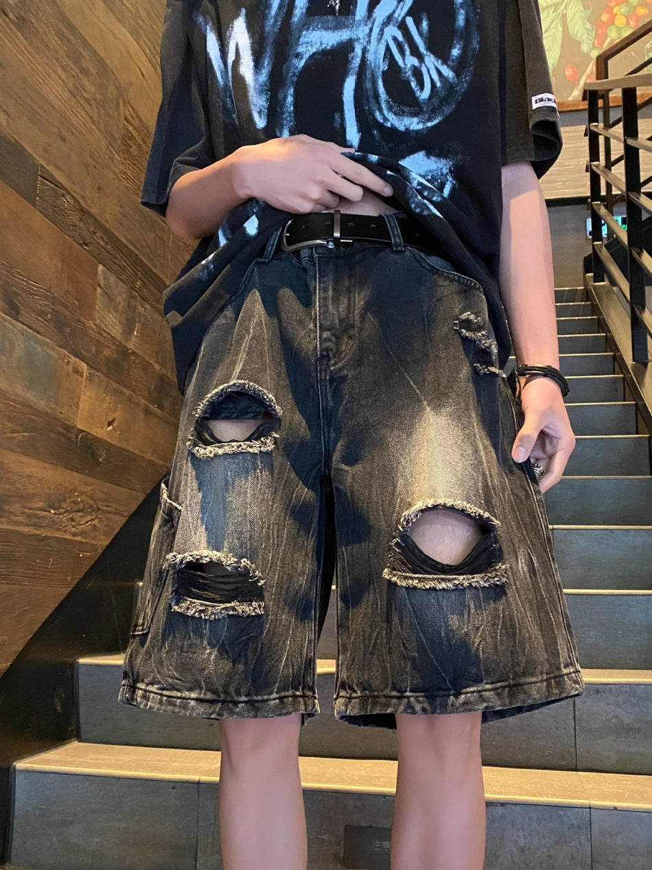 Men's Black Ripped Denim Five-Point Shorts Vintage Fit