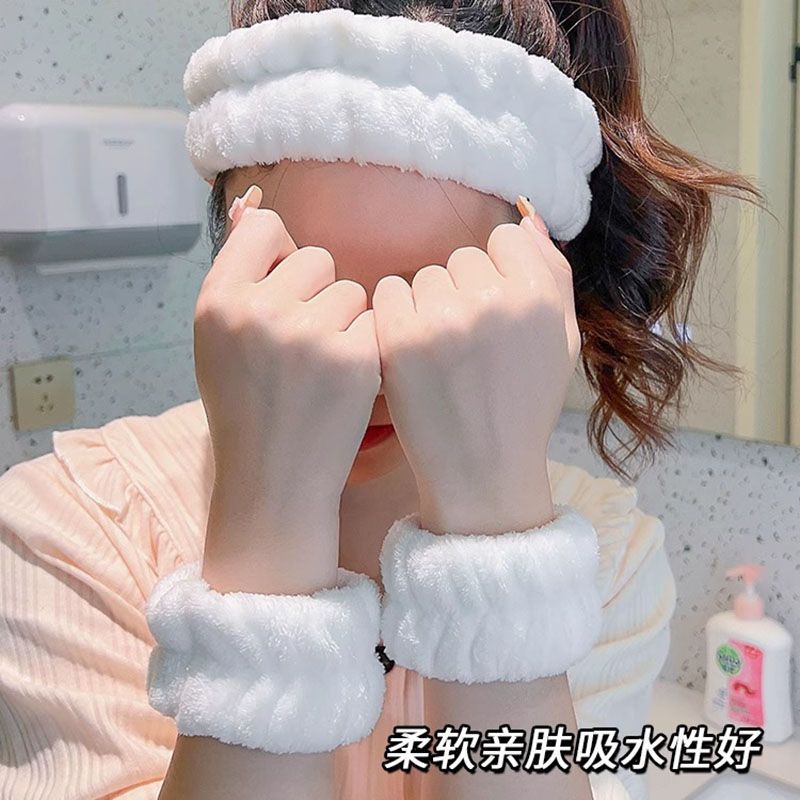 Coral Velvet Face Wash Headband and Wristband Set for Skincare