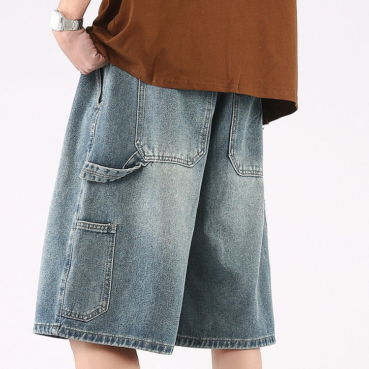 Men's High Street Loose Fit Wide Leg Denim Five-Point Shorts