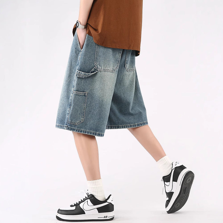 Men's High Street Loose Fit Wide Leg Denim Five-Point Shorts