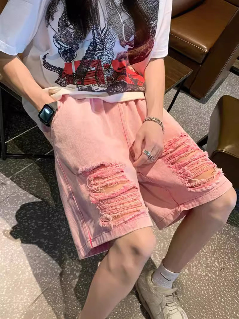 Men's Pink Ripped Denim Five-Point Shorts High Street Fit