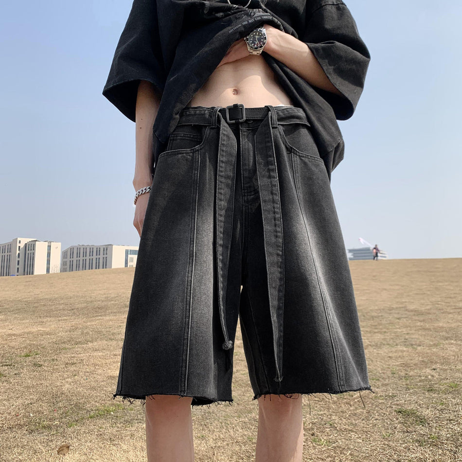 Men's Washed Wide Leg Denim Shorts Retro Street Fit