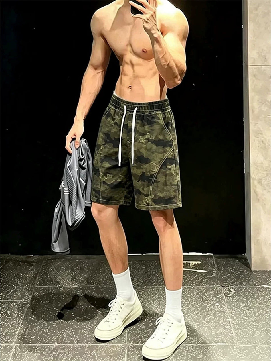 Men's Camouflage Denim Five-Point Shorts Retro Workwear Style