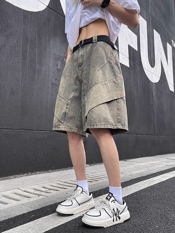 Yellow Washed Distressed Denim Men's Loose Fit Shorts