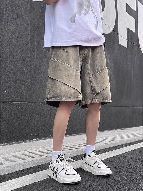 Yellow Washed Distressed Denim Men's Loose Fit Shorts