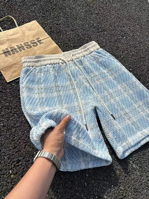 Blue White Knitted Plaid Men's Five-Point Sports Shorts