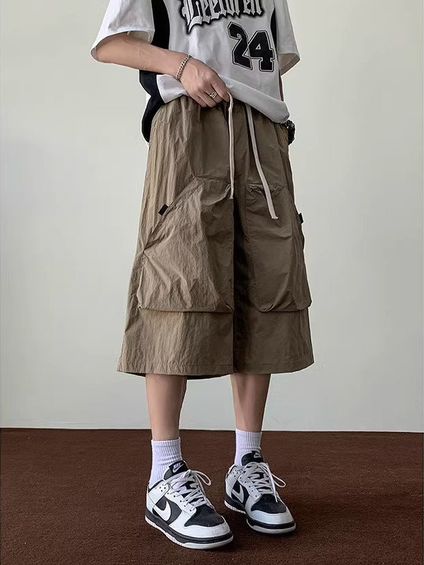 Khaki Japanese Retro Men's Wide Leg Cropped Shorts
