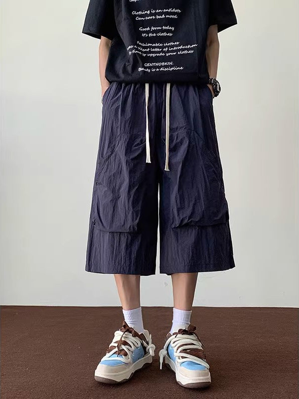 Khaki Japanese Retro Men's Wide Leg Cropped Shorts