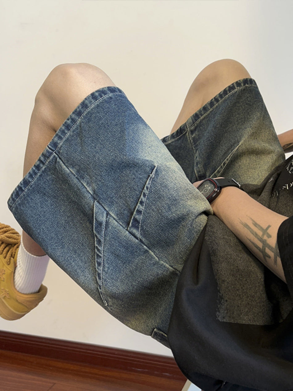 Pleated Gradient Denim Men's Loose Fit Summer Shorts