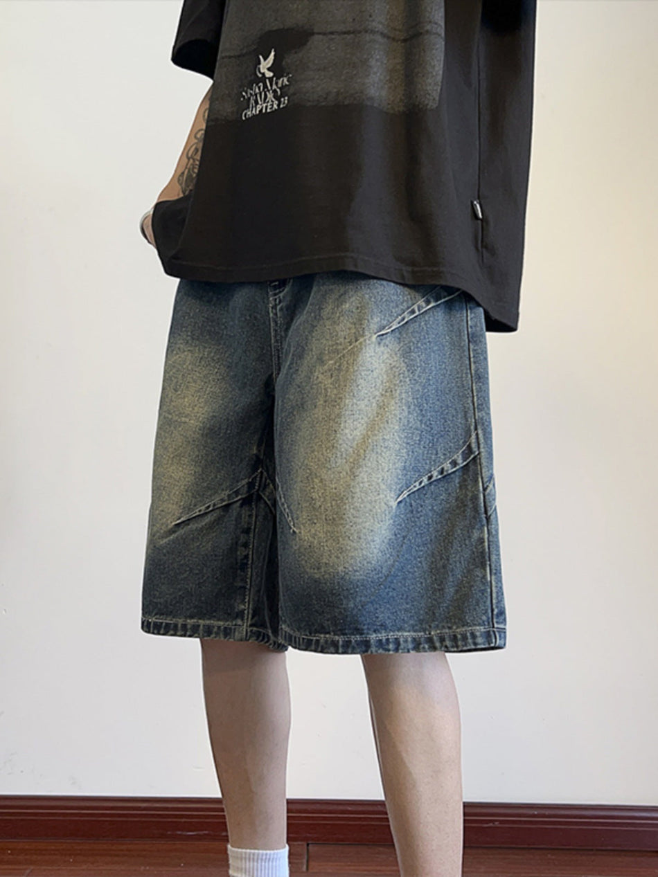 Pleated Gradient Denim Men's Loose Fit Summer Shorts