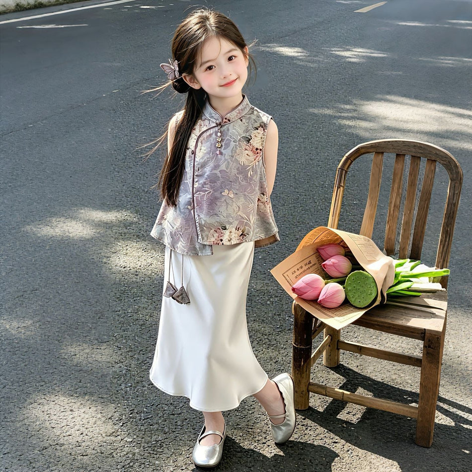 Girls Summer Hanfu Vest Skirt Two-Piece Chinese Style Set