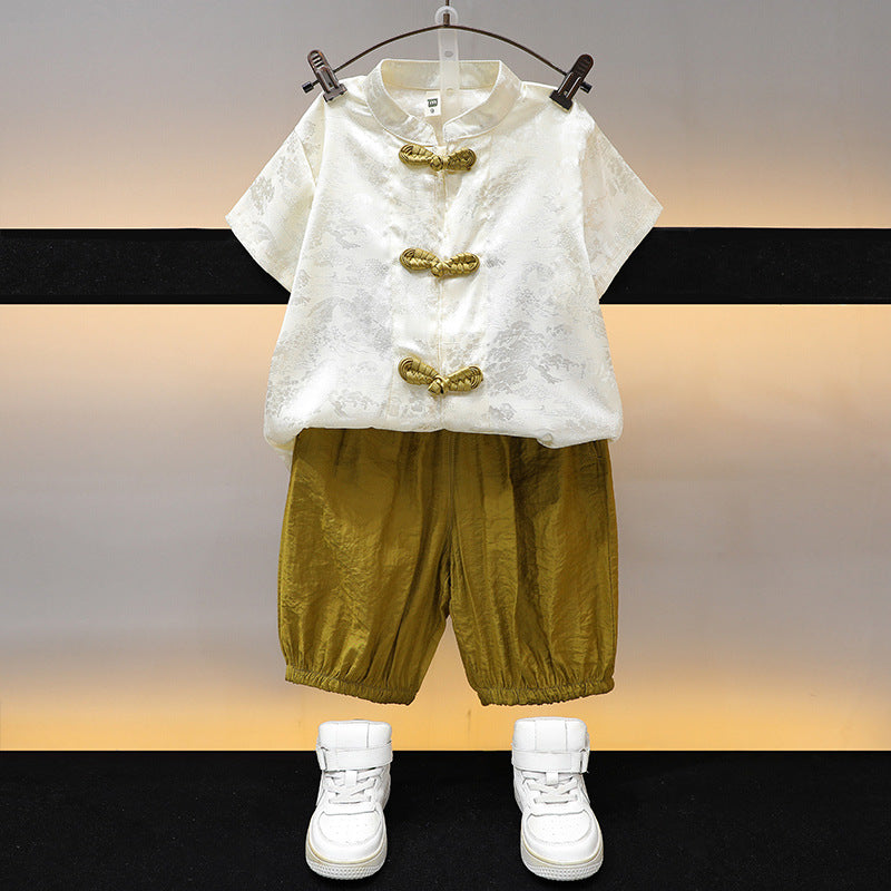 Boys Traditional Chinese Tang Suit Summer Two-Piece Outfit