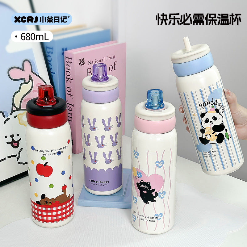 Cartoon 304 Stainless Steel Large Capacity Straw Thermos Cup