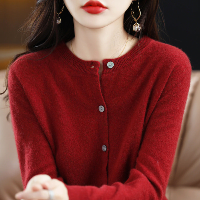 Women's Solid Color Round Neck Knit Cardigan Sweater