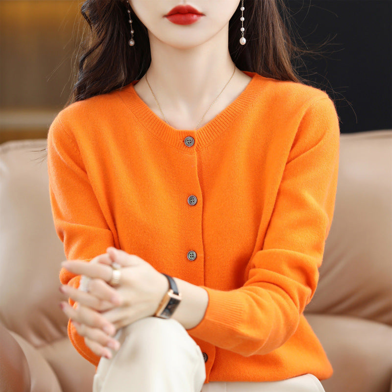 Women's Solid Color Round Neck Knit Cardigan Sweater