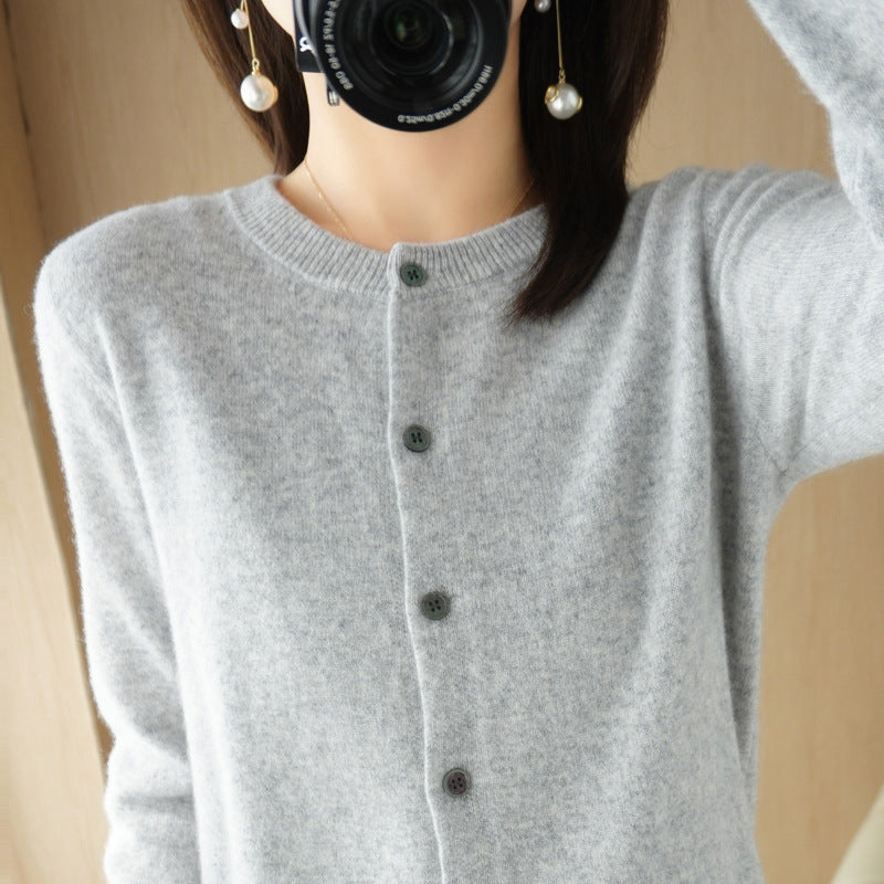 Women's Round Neck Long Sleeve Elegant Knit Cardigan