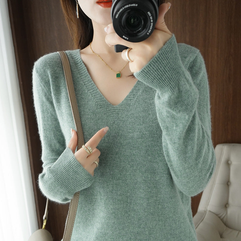 Solid Color V-Neck Knitted Pullover Slim Fit Sweater