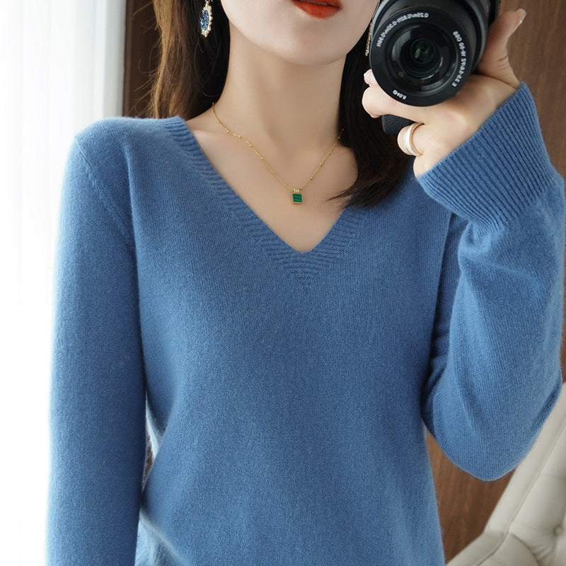 Solid Color V-Neck Knitted Pullover Slim Fit Sweater