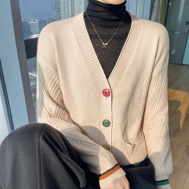 Women's V-Neck Pocket Knit Cardigan Long Sleeve Sweater