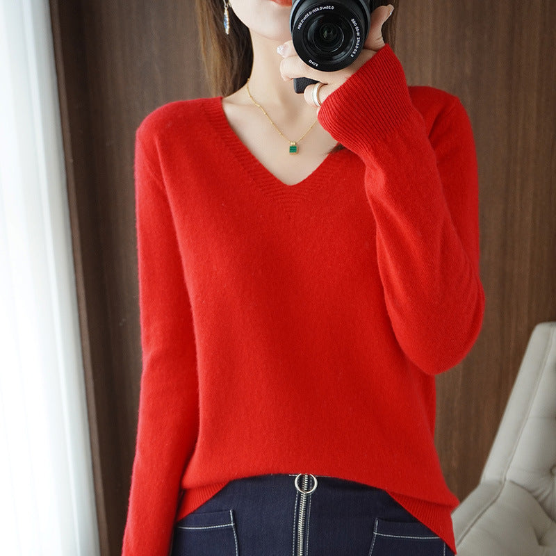 Women's V-Neck Slim Fit Knitted Pullover Sweater White