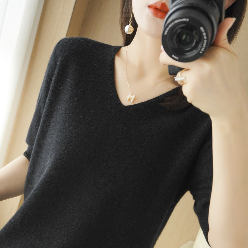 Women's V-Neck Half Sleeve Knit Sweater Loose Base Top