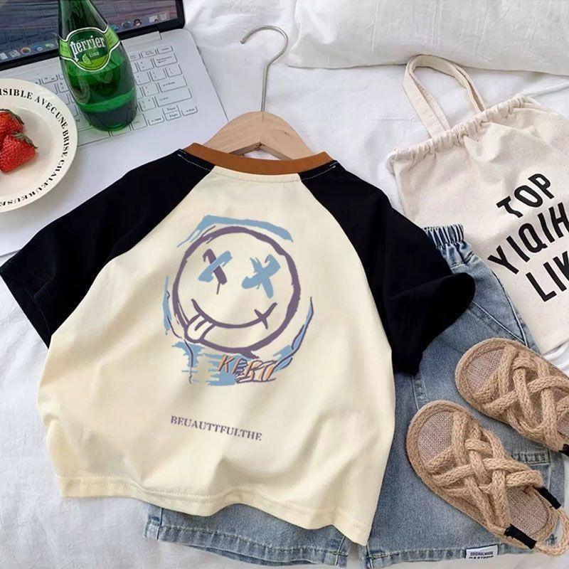 Kids Cotton Color Block Cartoon T-Shirt Casual Short Sleeve Top