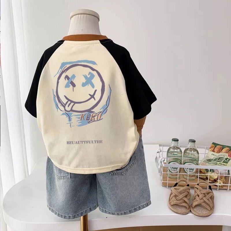 Kids Cotton Color Block Cartoon T-Shirt Casual Short Sleeve Top