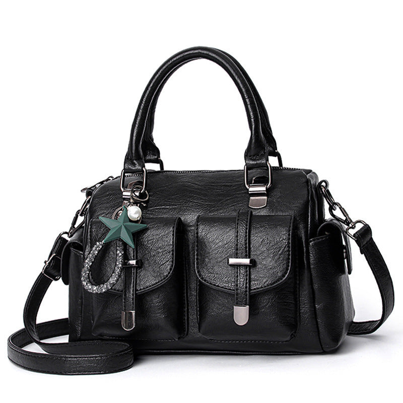 Solid Color Leather Texture Tassel Large Shoulder Bag
