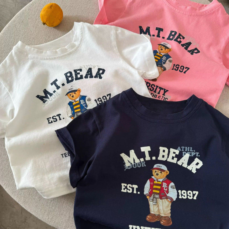 Kids Bear Print Cotton T-Shirt Casual Summer Crew Neck Top
