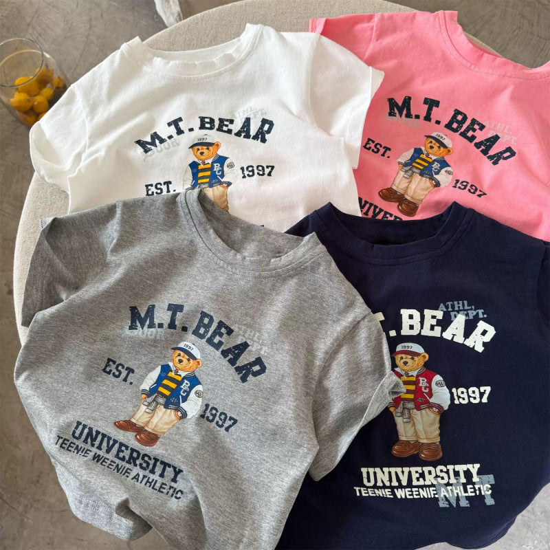 Kids Bear Print Cotton T-Shirt Casual Summer Crew Neck Top