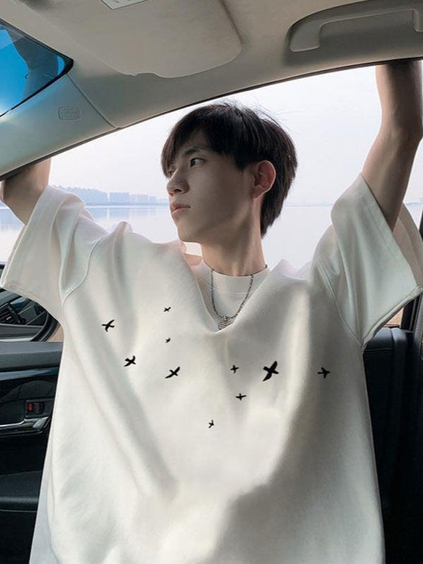 Men's Cotton Swallow Print Loose Fit T-Shirt