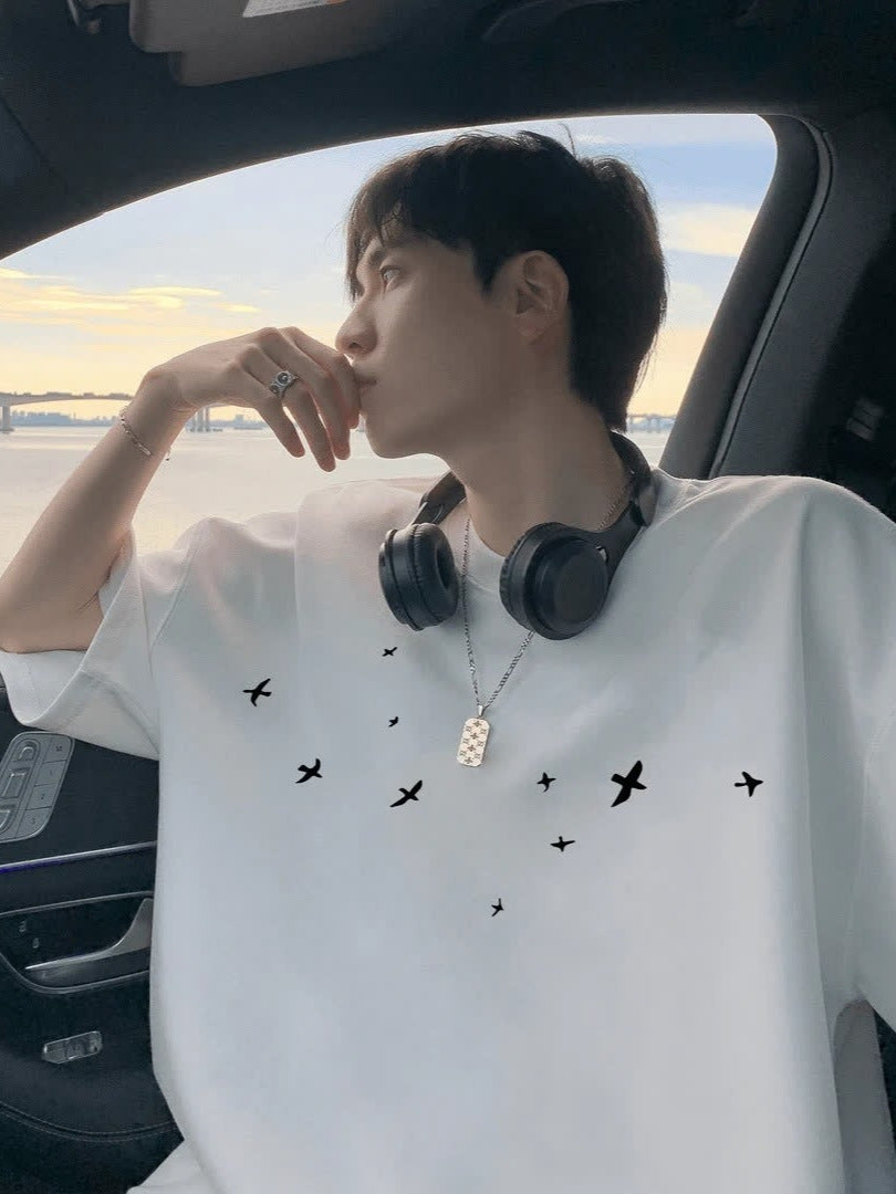 Men's Cotton Swallow Print Loose Fit T-Shirt