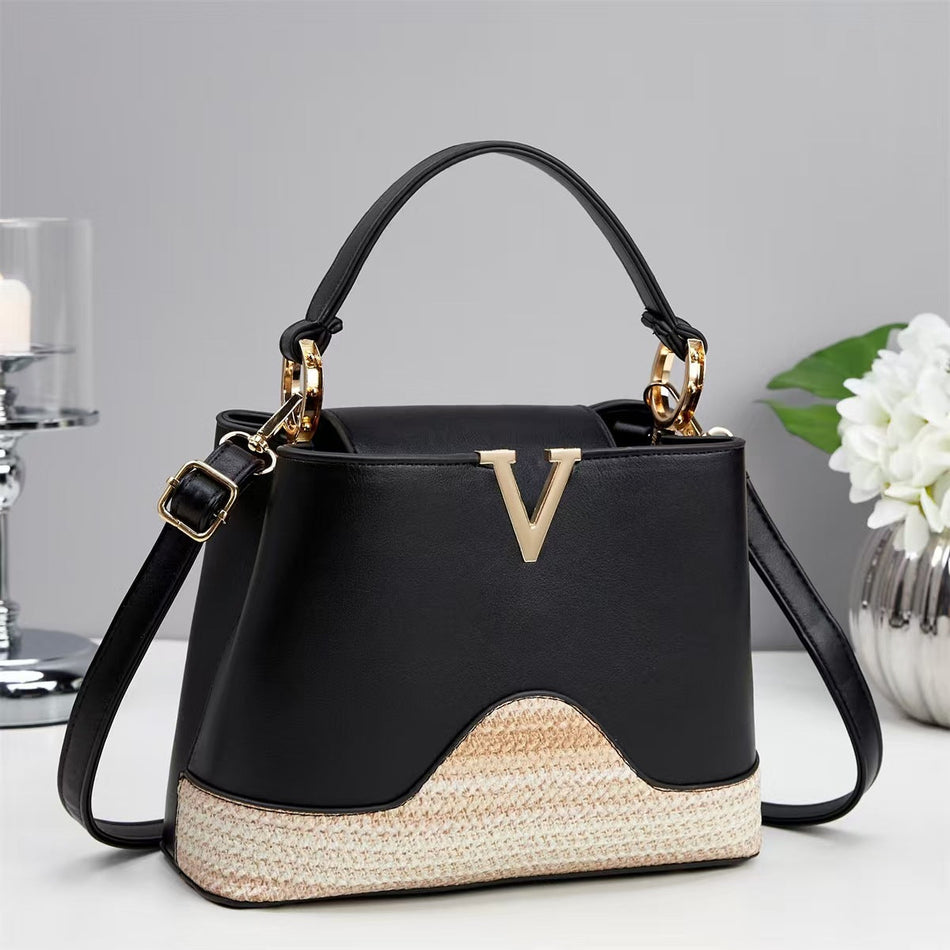 V-Shaped Woven PU Bucket Crossbody Bag for Women