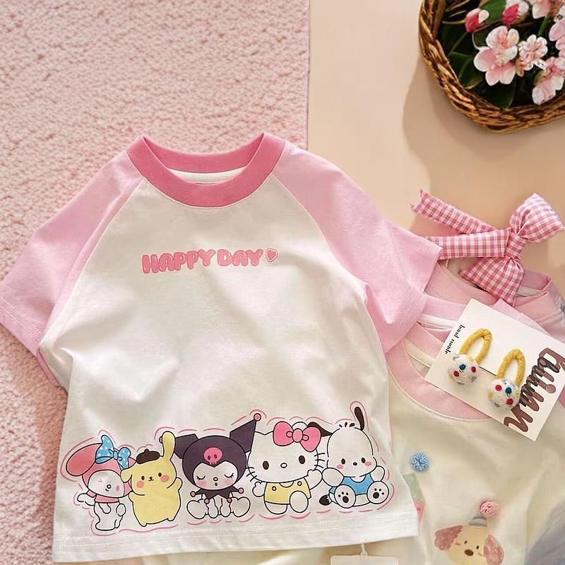 Girls Cotton Cartoon Raglan T-Shirt Summer Casual Top
