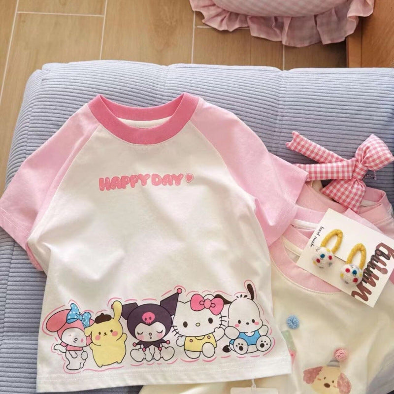 Girls Cotton Cartoon Raglan T-Shirt Summer Casual Top