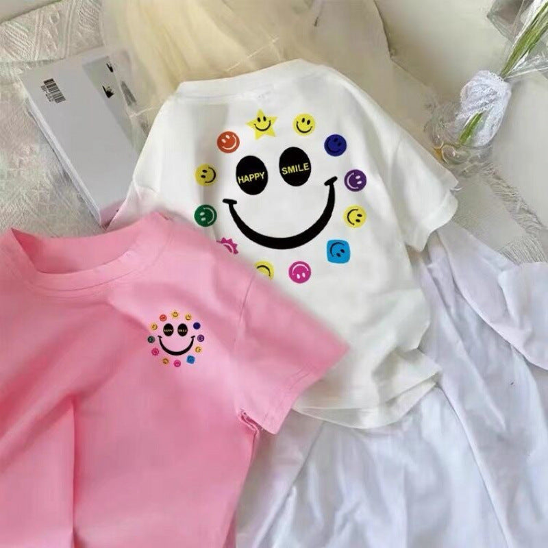 Kids Cotton Sun Smiley Print T-Shirt Summer Casual Top