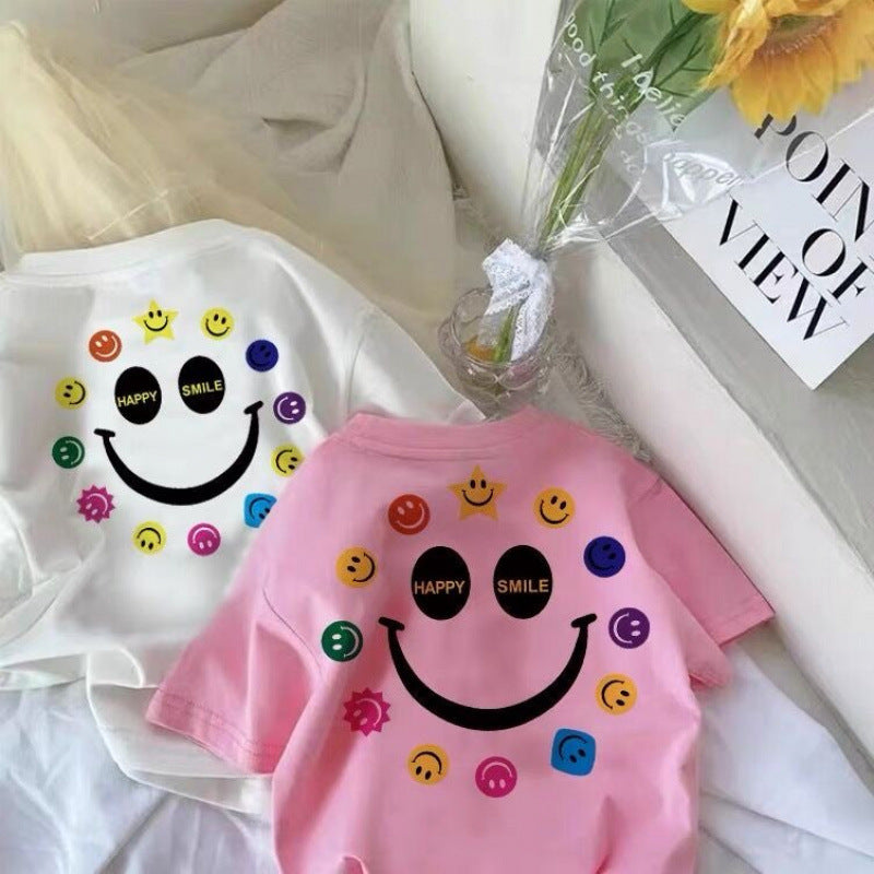 Kids Cotton Sun Smiley Print T-Shirt Summer Casual Top