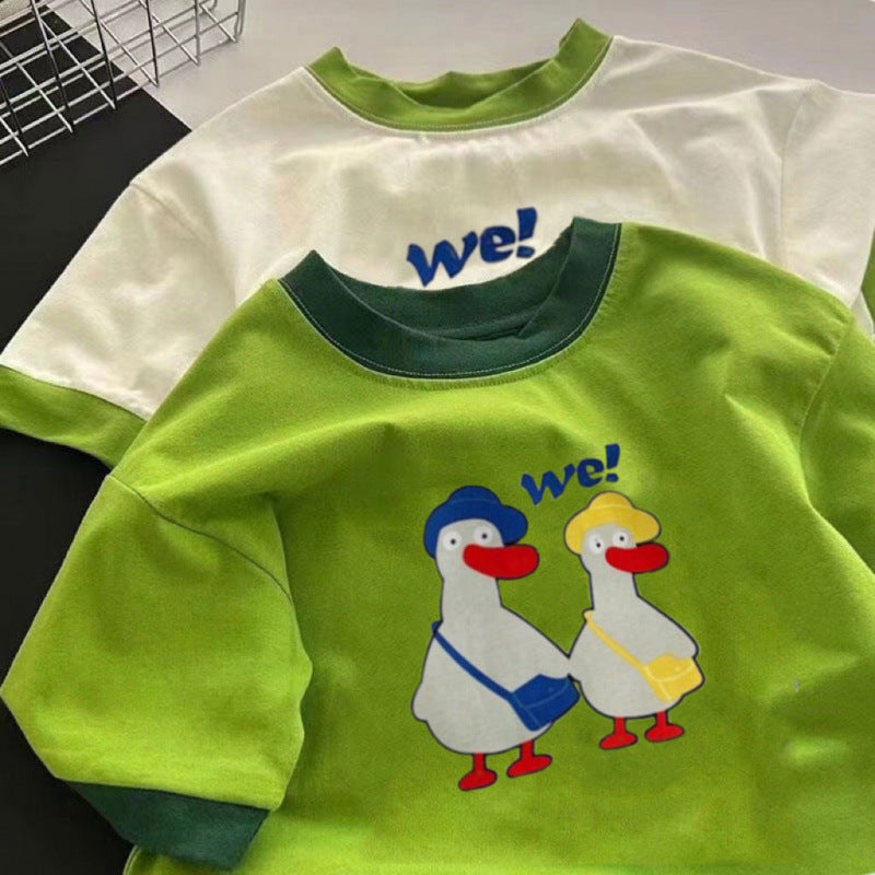Kids Cotton Color Block Cartoon T-Shirt Summer Casual Top