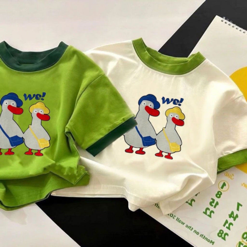 Kids Cotton Color Block Cartoon T-Shirt Summer Casual Top