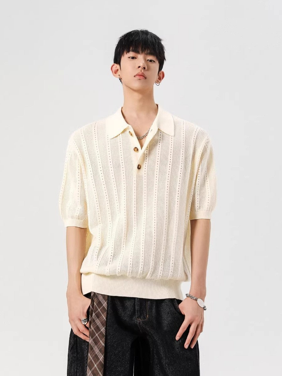 Unisex Jacquard Knit Hollow Polo Shirt