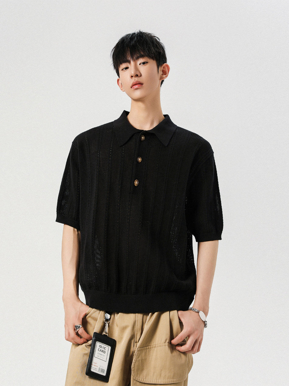 Unisex Jacquard Knit Hollow Polo Shirt