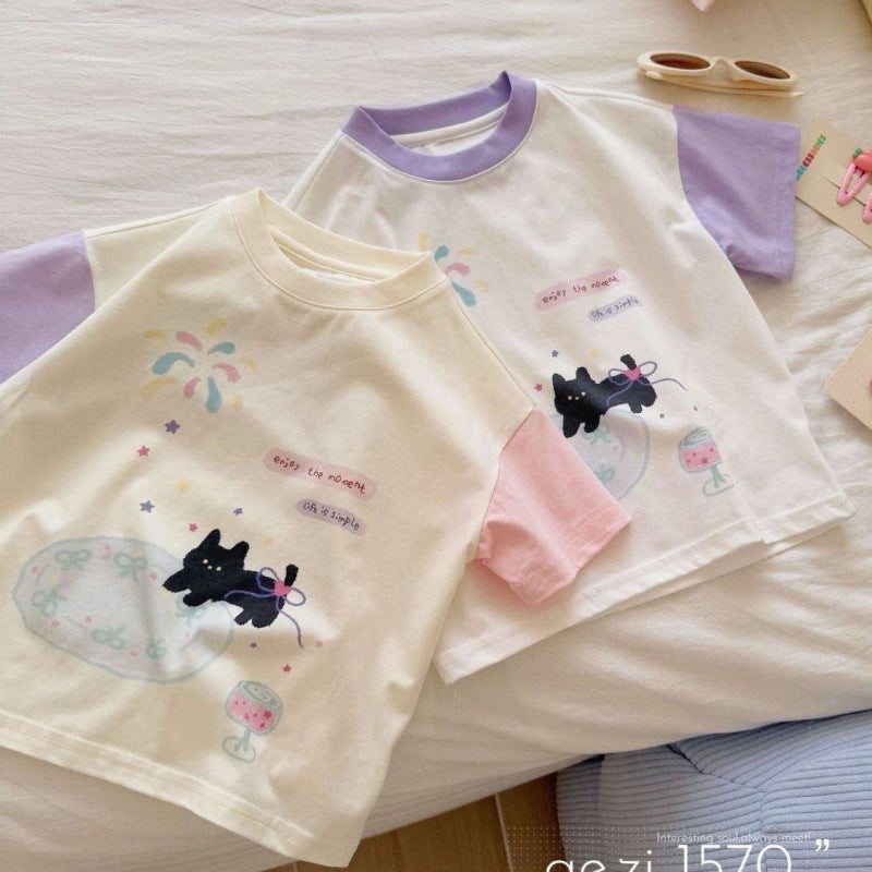 Kids Cotton Cat Print Color Block T-Shirt Summer Casual Top