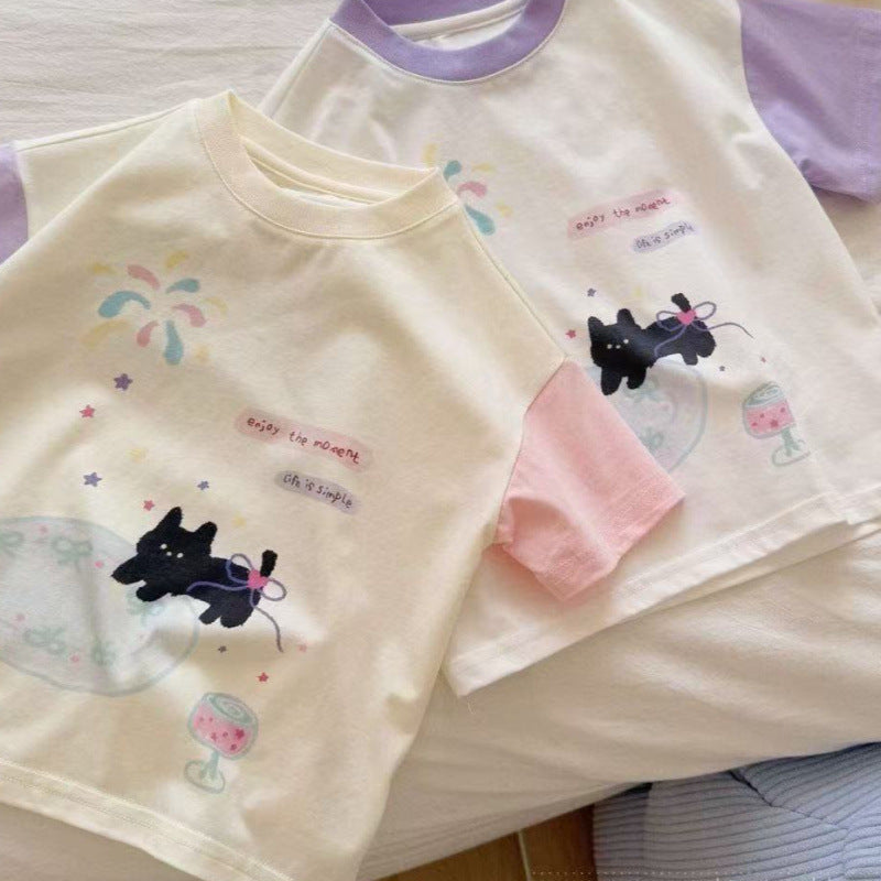 Kids Cotton Cat Print Color Block T-Shirt Summer Casual Top
