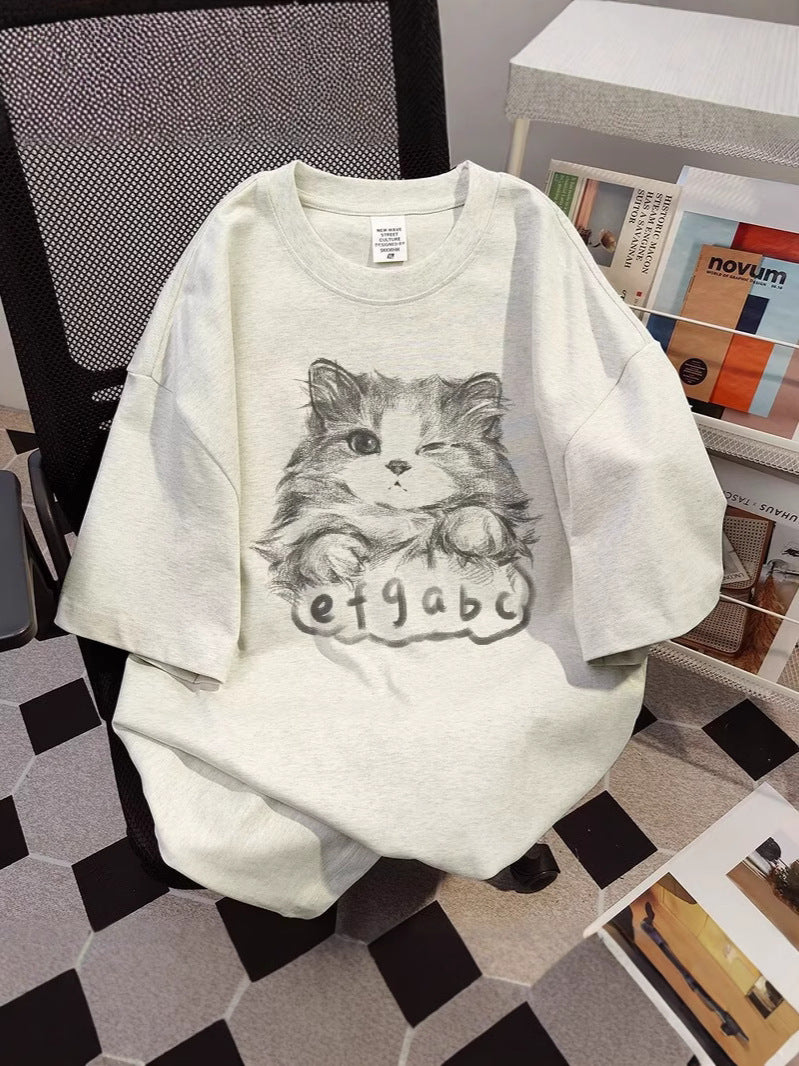Men's Heavy Cotton Cat Print Loose Fit T-Shirt