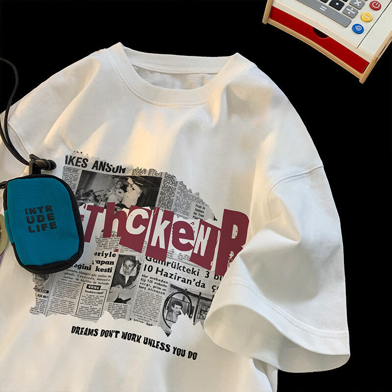 Men's Heavy Cotton Newspaper Print Loose Fit T-Shirt