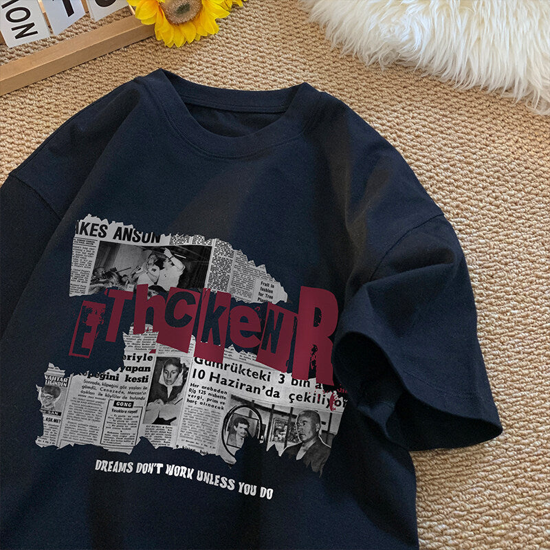 Men's Heavy Cotton Newspaper Print Loose Fit T-Shirt